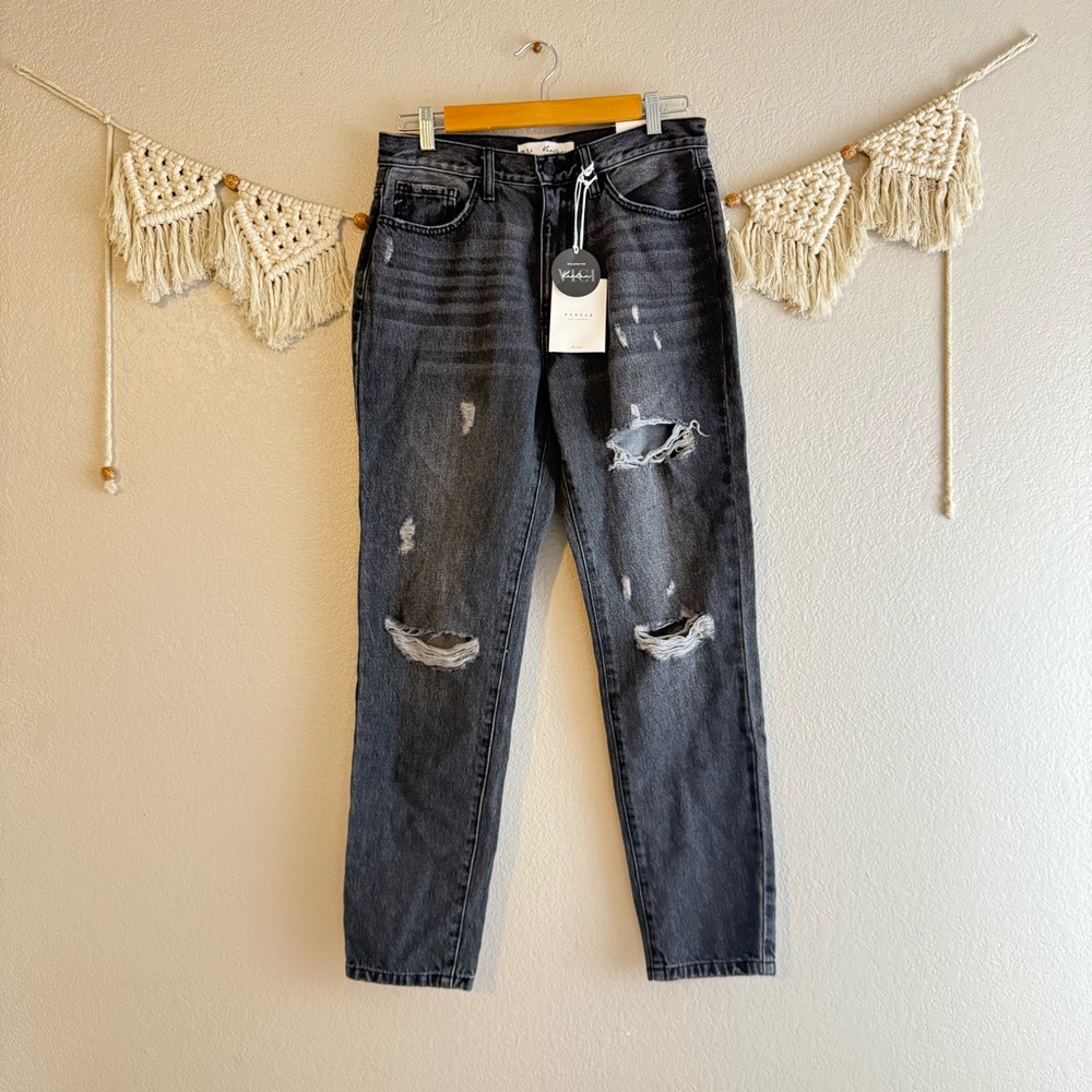 KanCan Vici Mom High Waist Relaxed Thigh Tapered Leg Black‎ Distressed Jeans